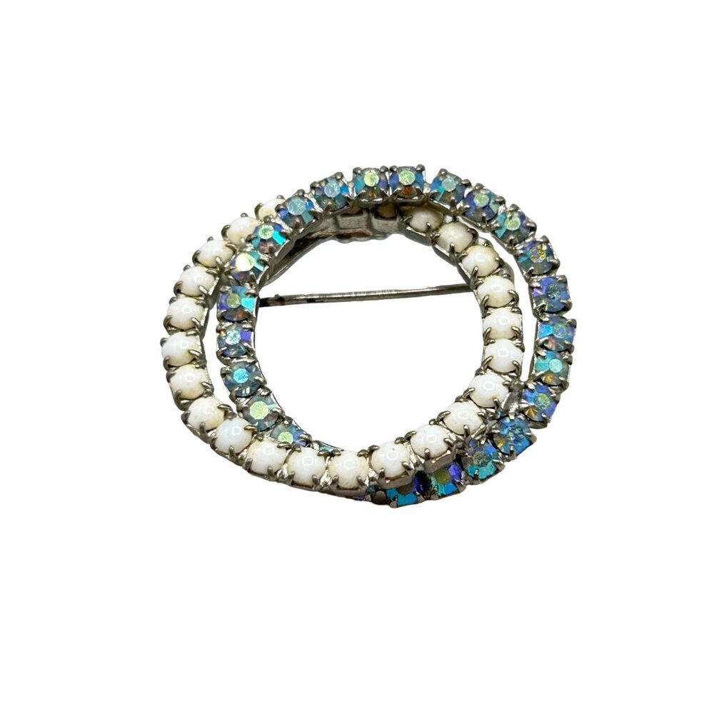 Vintage Rhinestones Wreath Pin Brooch Intersecting Circle White Blue Rhinestones